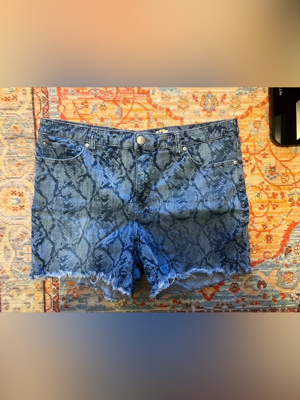 Seven7 Blue Snake-Print Denim Cutoff Shorts